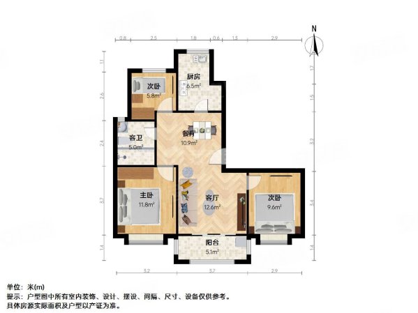 誉峰苑3室2厅1卫86㎡南北165万