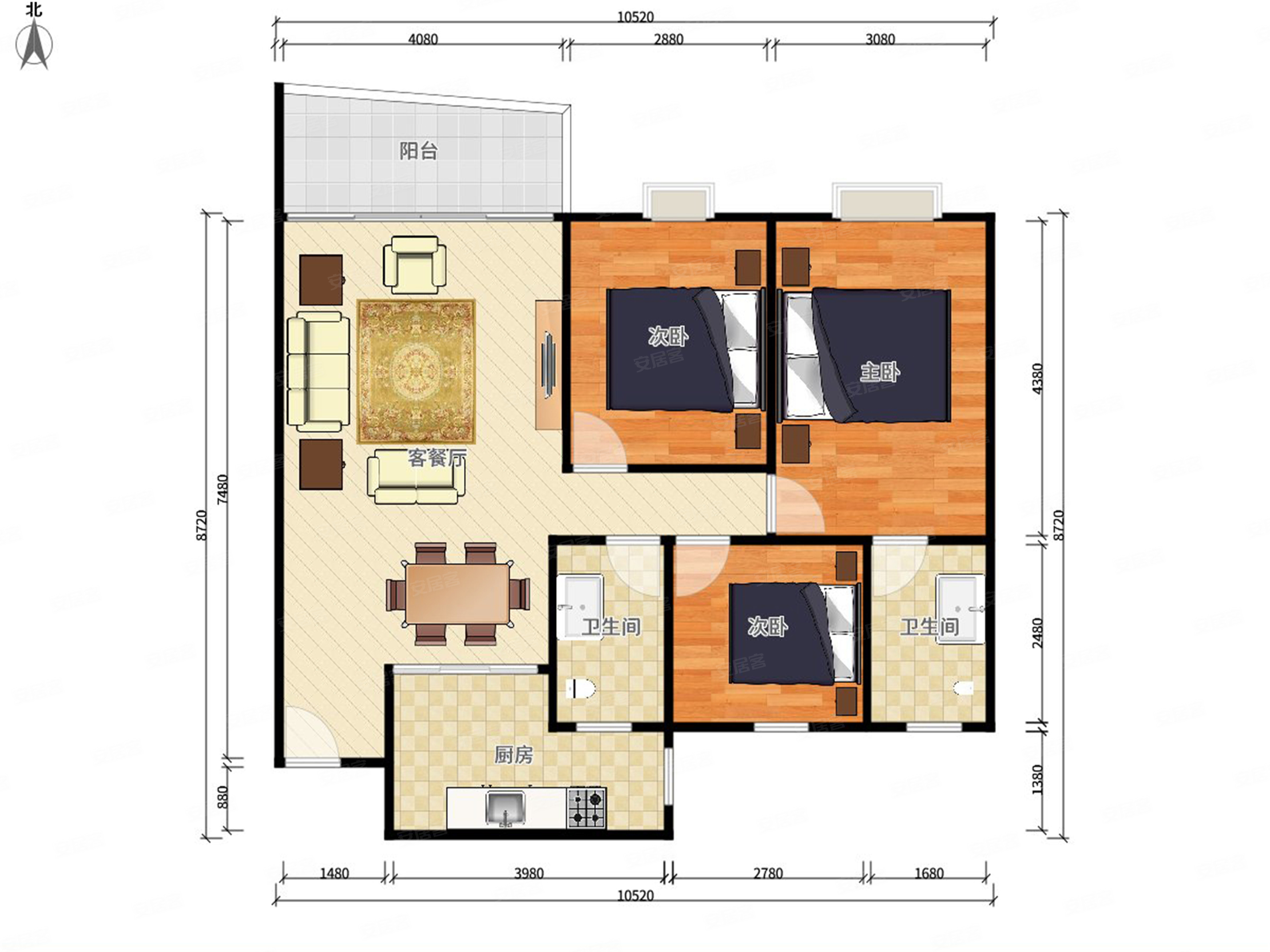 英豪花园3室2厅2卫110㎡南北520万
