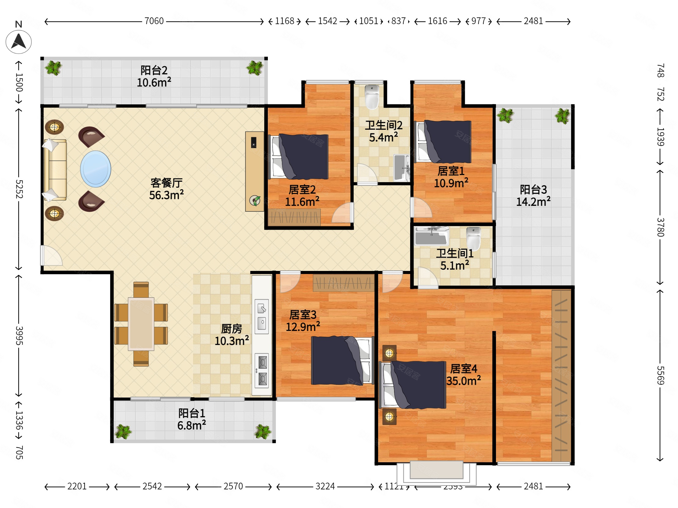 高使用户型,改动有几个套房,龙外有效厅出阳台,奥林华府二手房,0万,4