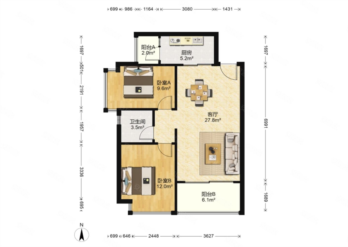 恒大城2室2厅1卫87.87㎡南北135万