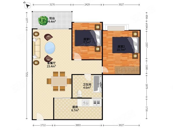 溢芳园2室2厅1卫69.93㎡东北295万