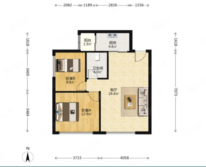 煦园新居2室2厅1卫85.43㎡西南408万