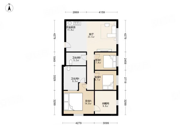 瑞士公寓3室1厅2卫142.98㎡东南1350万