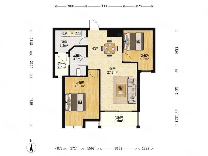 凯德都会新峰2室2厅1卫89.14㎡南北188万