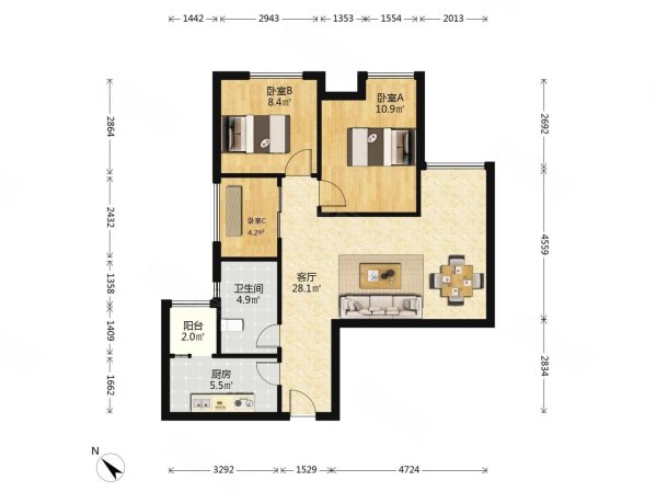 绿地468公馆三期3室1厅1卫74㎡东南190万