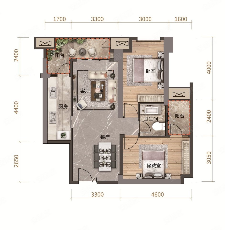 罗宾森广场尚城华府2室2厅1卫95㎡南北135万