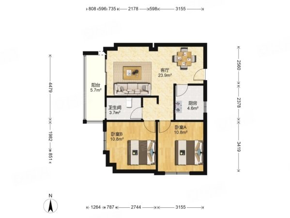 莱安逸境2室1厅1卫84㎡南北125万