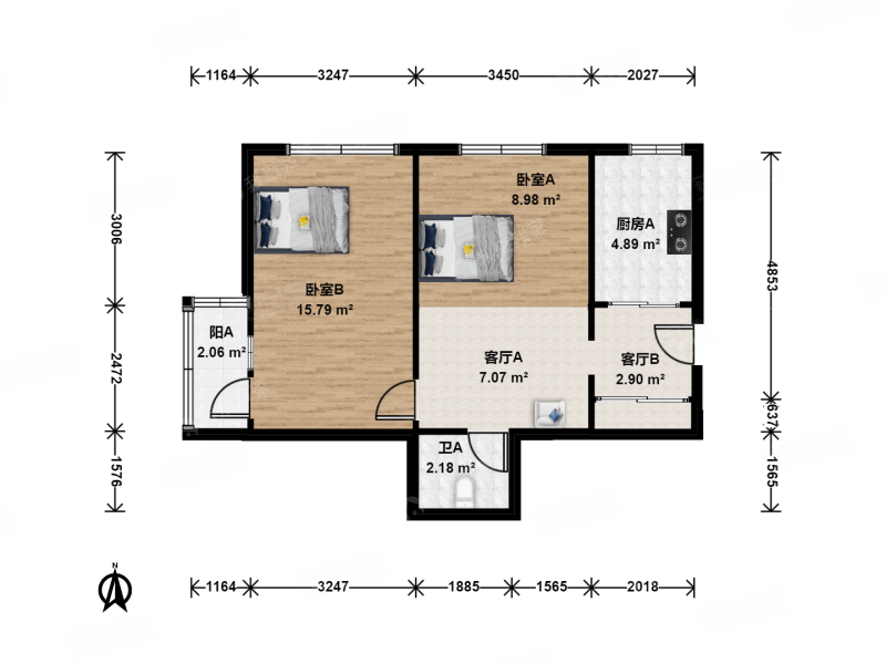 小关东街小区2室2厅1卫58.95㎡西北388万