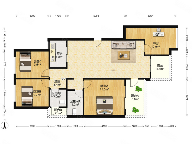 中航城国际社区(c区西区)二手房,449万,4室1厅,2卫,124.
