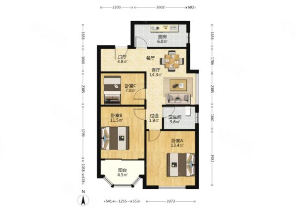 伟丰花园3室1厅1卫91.57㎡南北97万