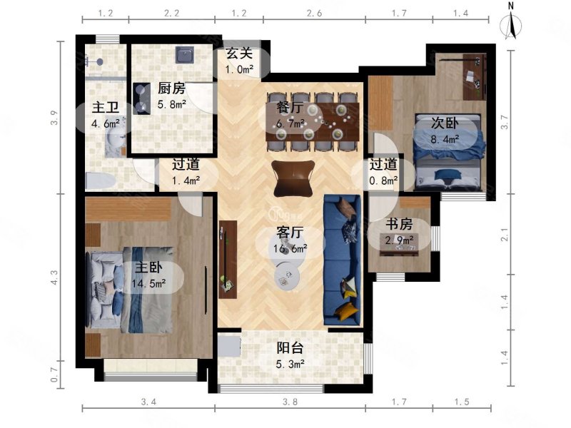 云锦世家(北区)2室2厅1卫88㎡南北126万