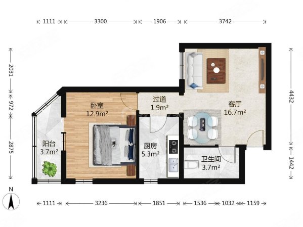 牛街东里(二区)1室1厅1卫57.36㎡西南526万