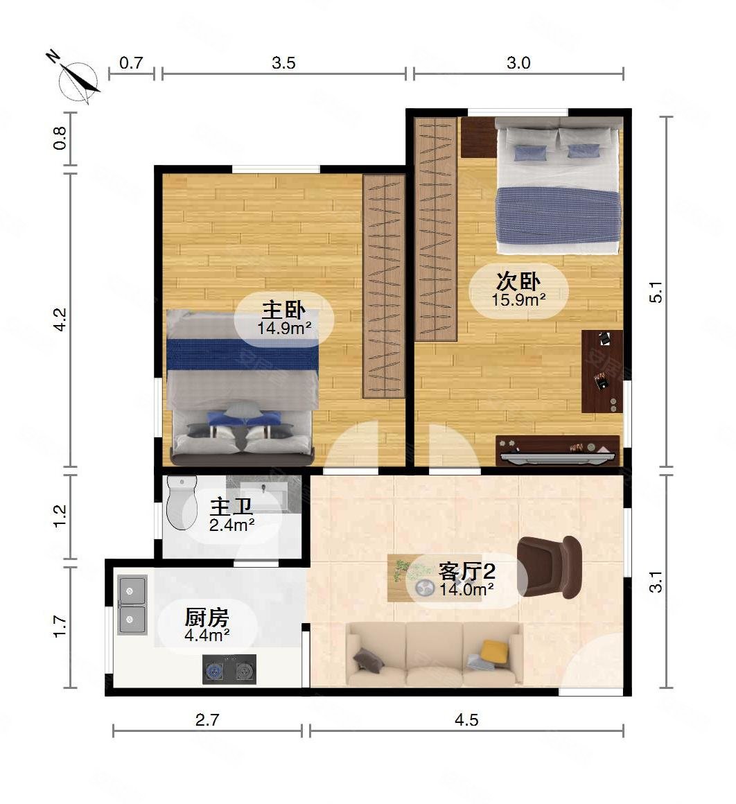 钢花村街117社区2室1厅1卫59.88㎡南北76万