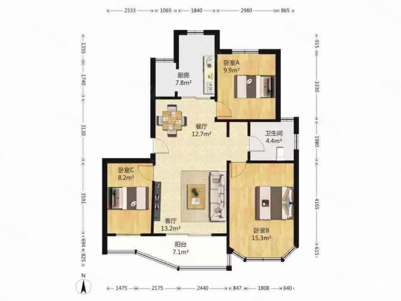 金碧汇虹苑3室4厅1卫94.89㎡南北208万