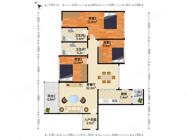 佳兆业悦峰3室2厅2卫88.7㎡南北500万