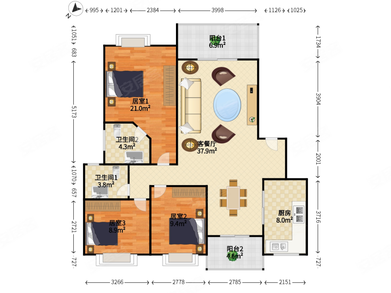 长虹蓝湾半岛3室2厅2卫127㎡南北110万