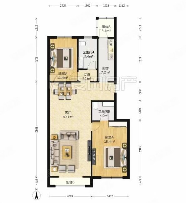 乐府江南2室2厅2卫119㎡南北1150万