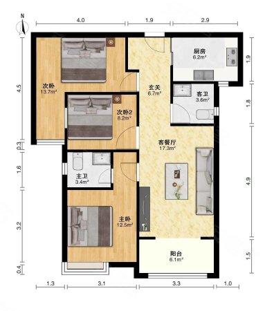 龙庭华府3室2厅2卫100.32㎡南北56万