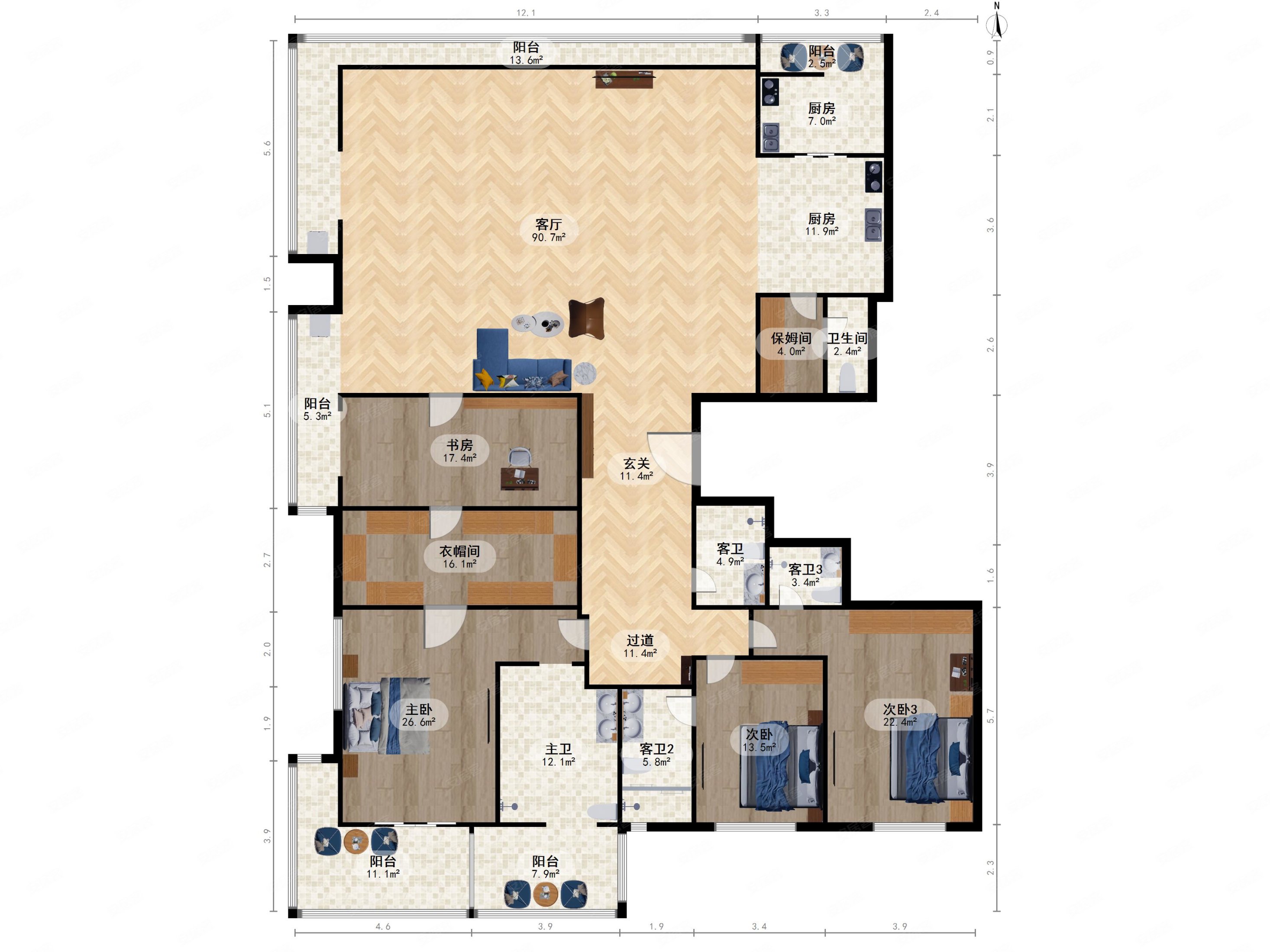 缘溪堂3室2厅5卫格局方正经典实用