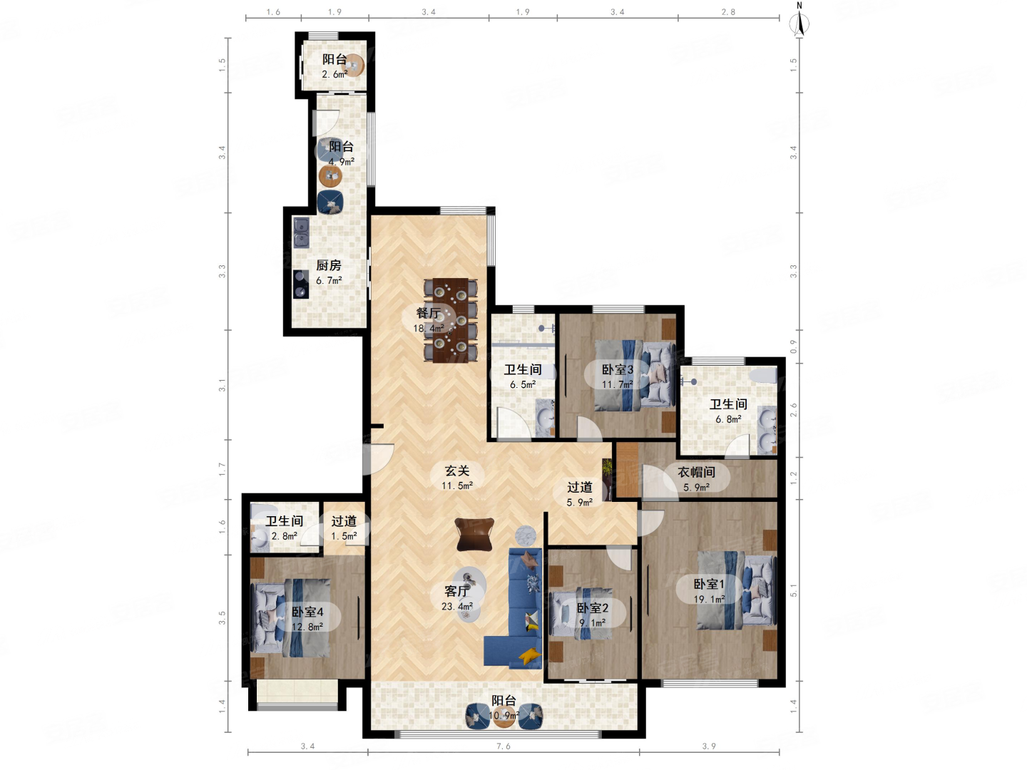 地产尚海郦景4室2厅3卫193.38㎡南北3180万