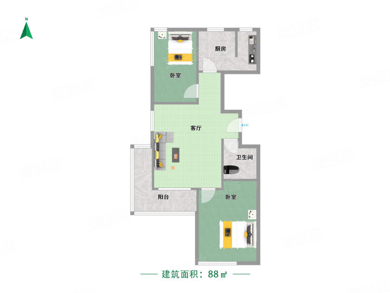 保利心语花园2室2厅1卫87.76㎡南北66万