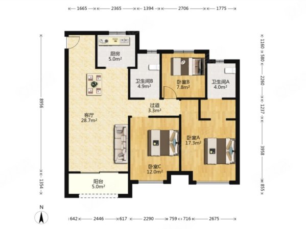 瓯鹿幸福里3室2厅2卫115㎡南北199万