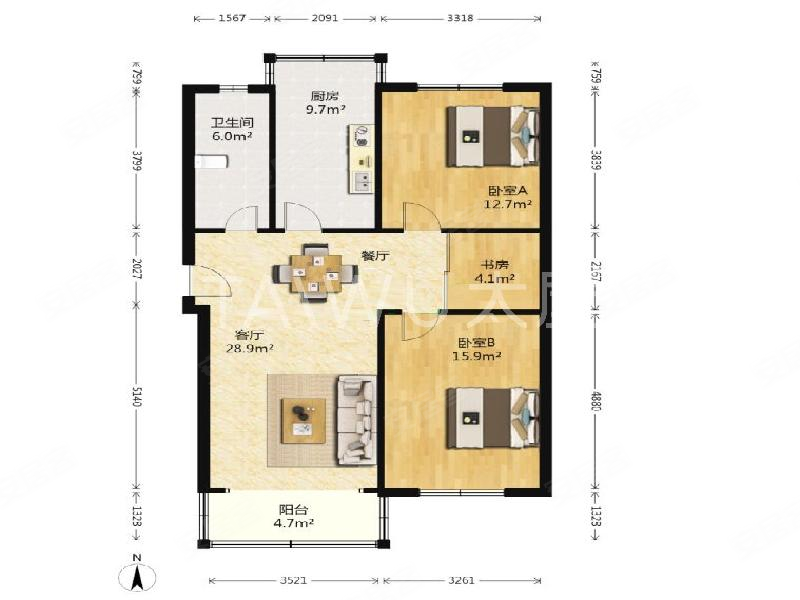 天宝恬苑2室2厅1卫91㎡南北258万