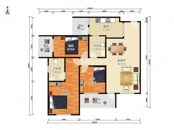 懿花园3室2厅2卫89.68㎡南408万