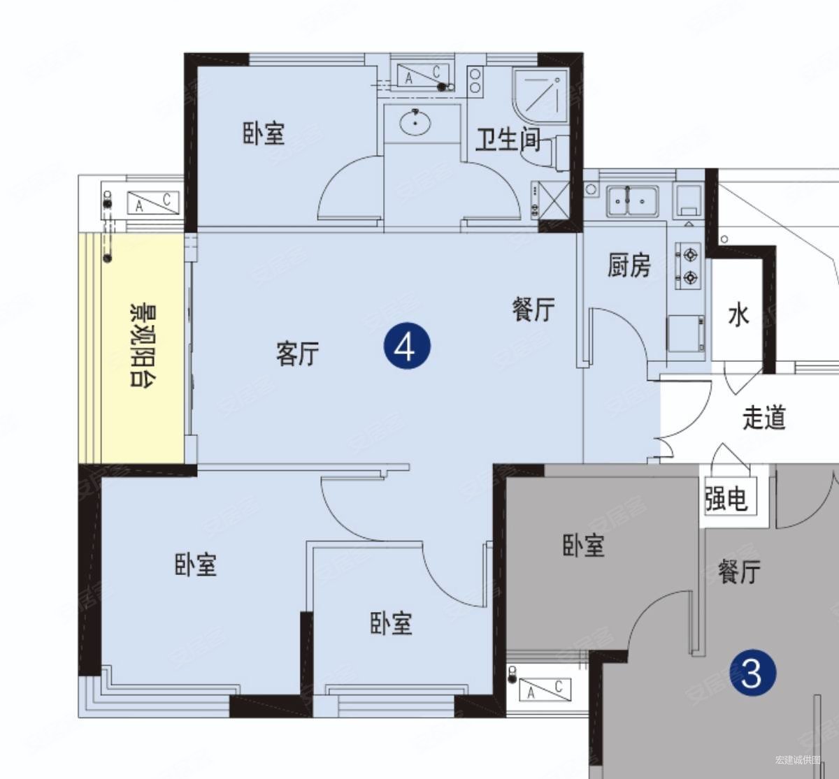 中天未来方舟f11组团3室2厅1卫96.78㎡南北69万