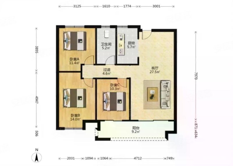 环球掌舵3室2厅1卫117㎡南北105万