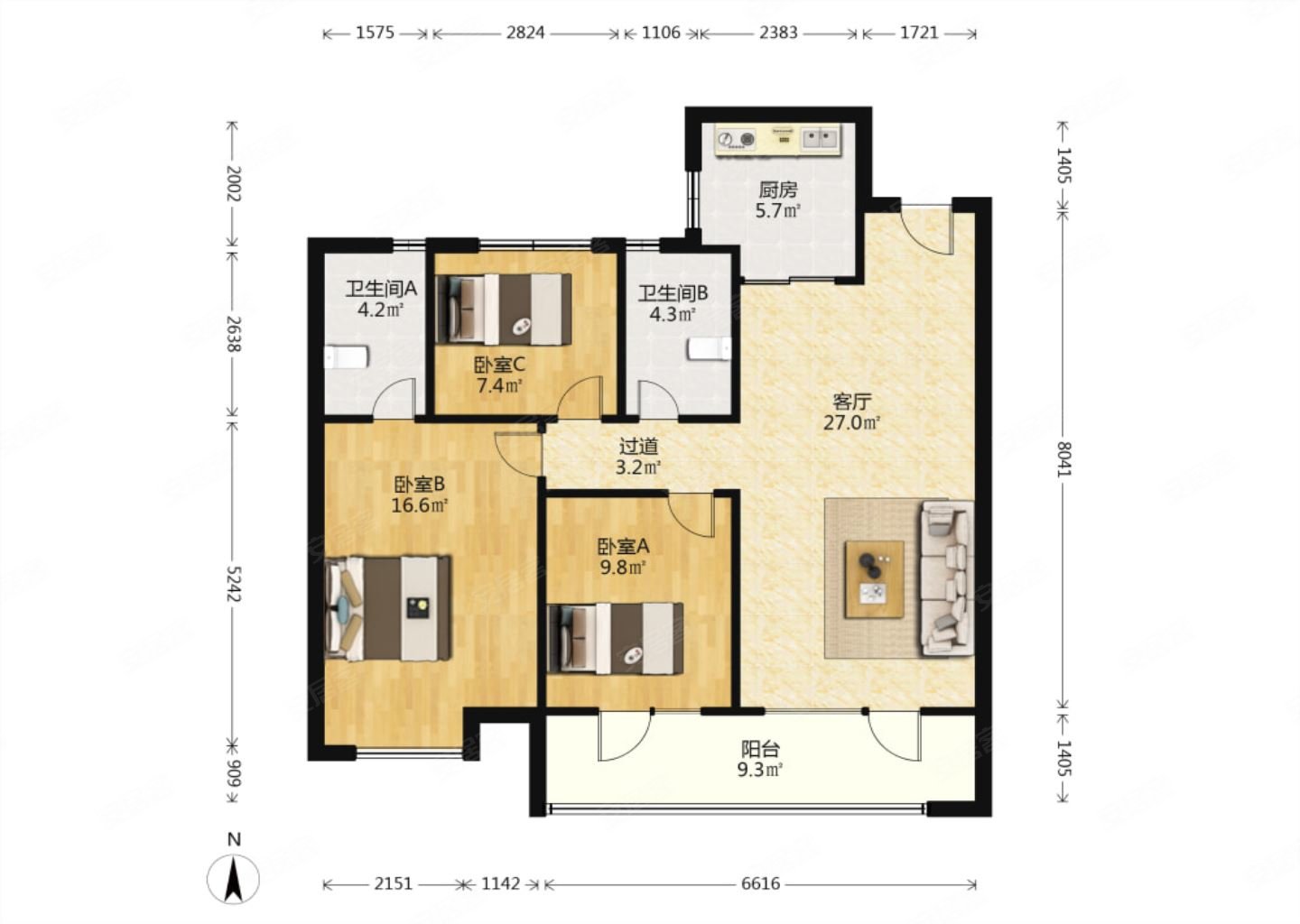 碧桂园翡翠湾3室2厅2卫115.44㎡南北190万
