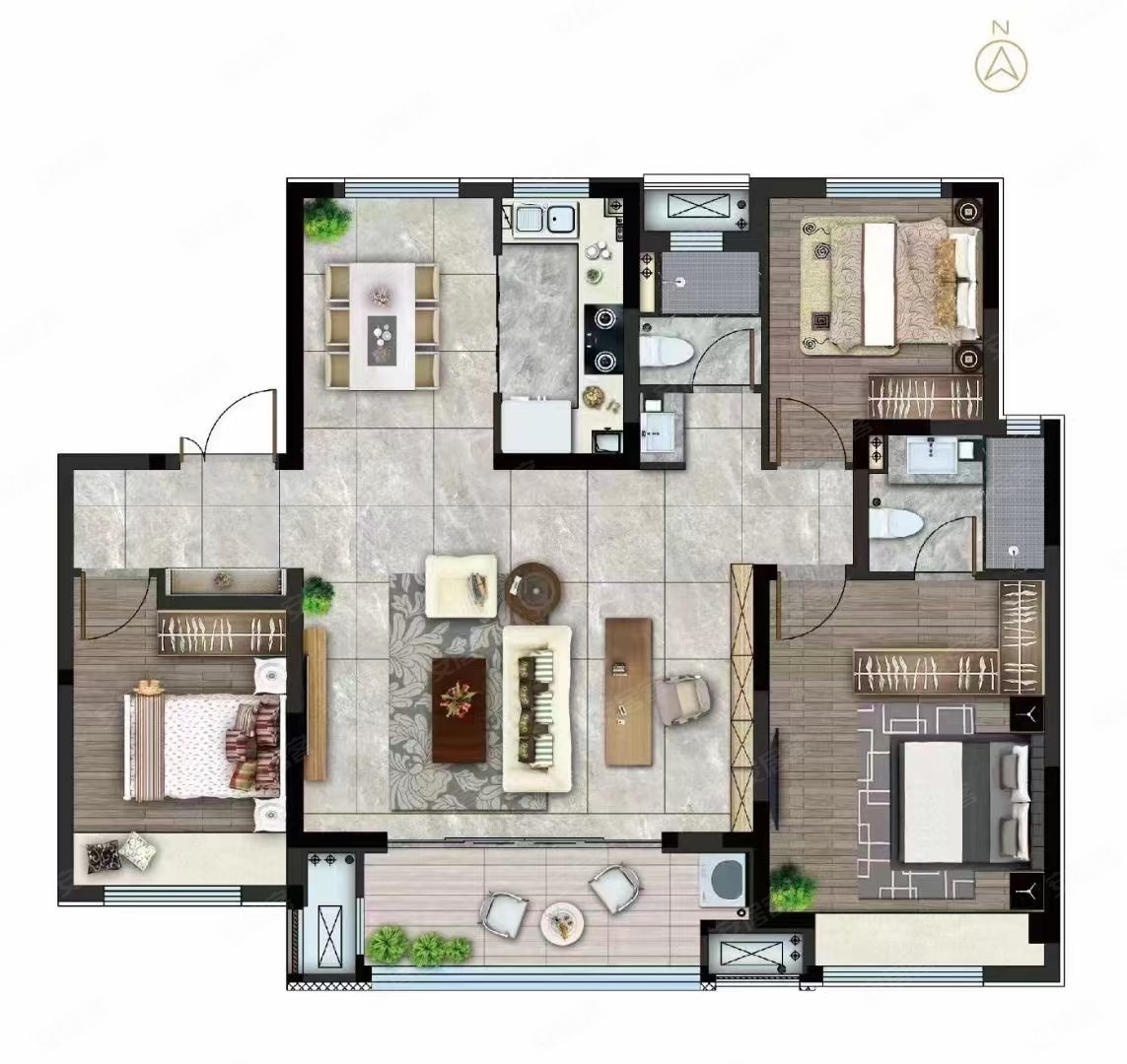 新城玺樾门第3室2厅2卫119㎡南北98万