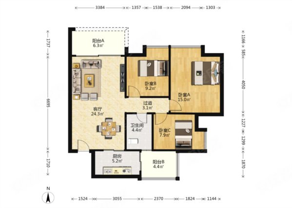 时代玫瑰园3室2厅1卫94.65㎡东北345万