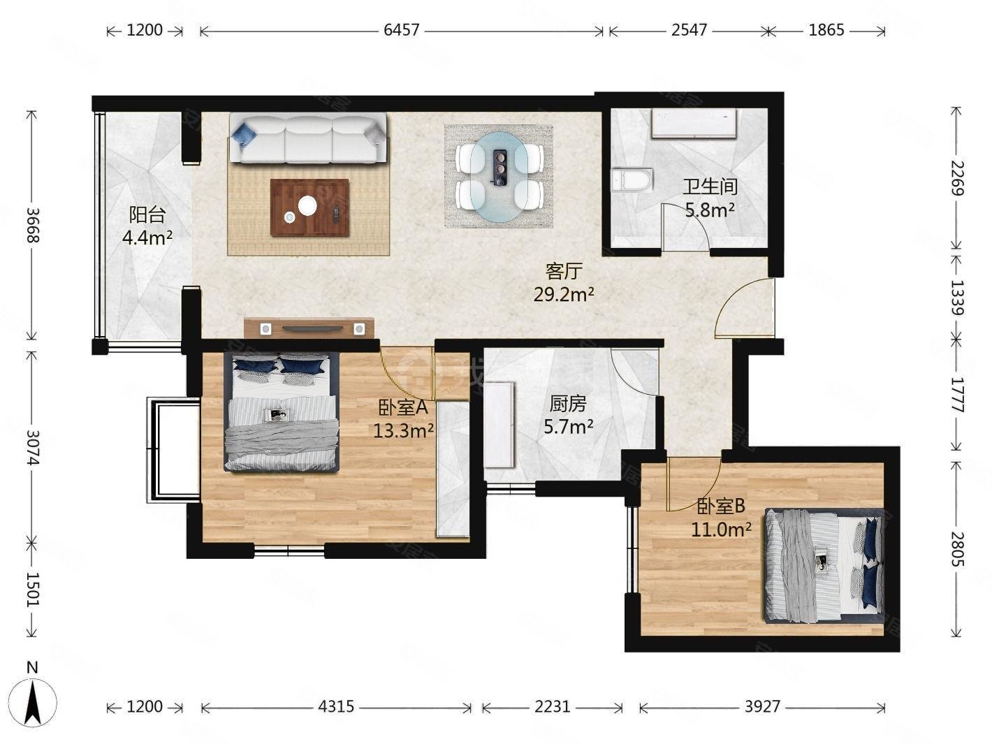 百环家园2室1厅1卫95.86㎡西南548万