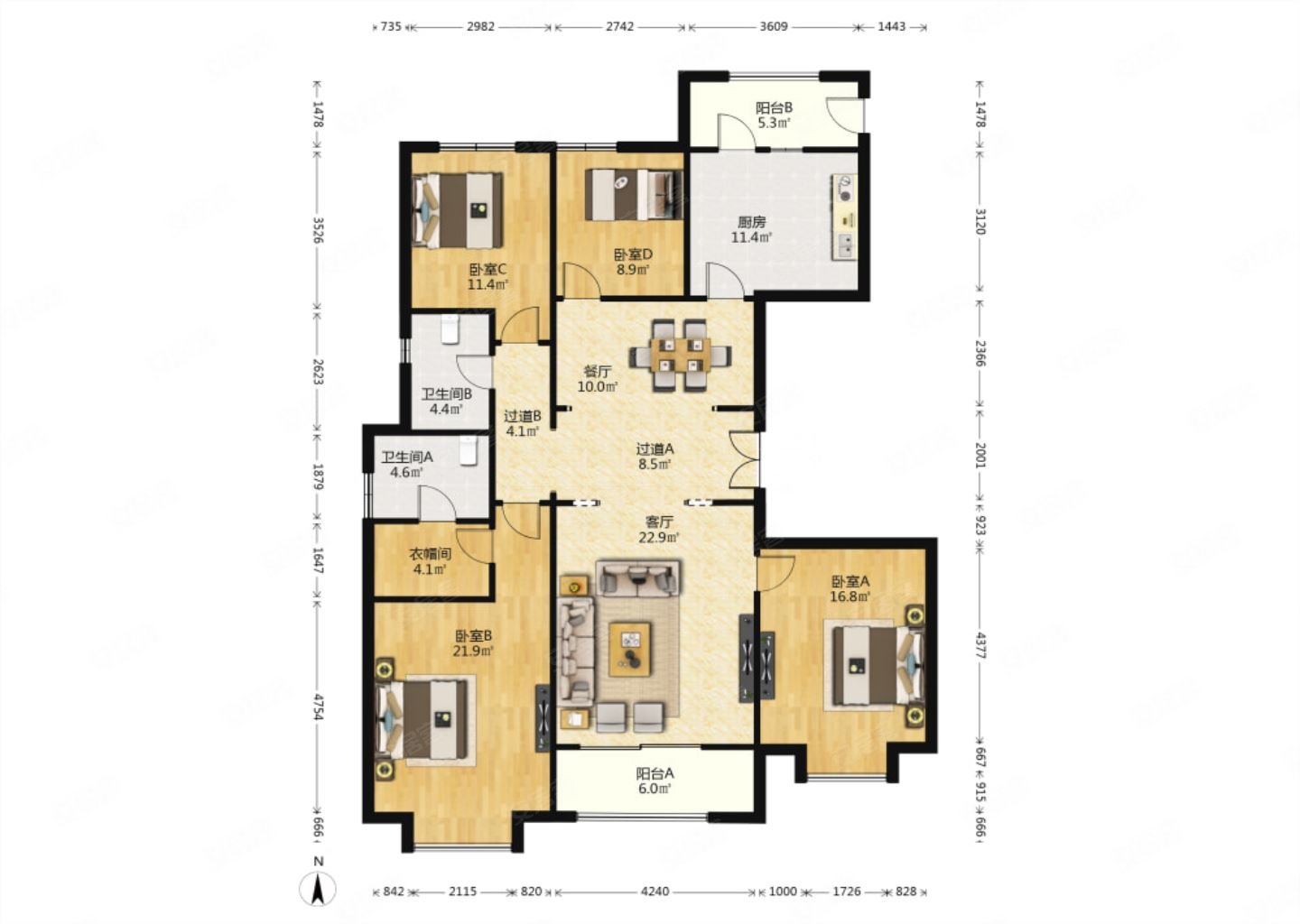 余家寨双地铁口万达公馆四室豪华装修南北通透明厨明卫
