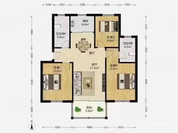 柠檬花园3室2厅2卫93.3㎡南北138万