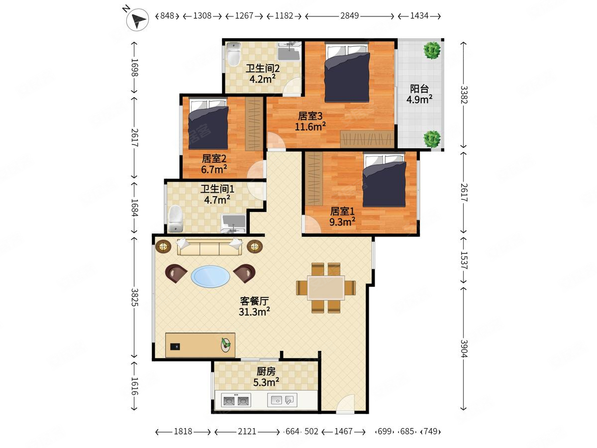 港铁天颂3室2厅2卫87.18㎡南北429万