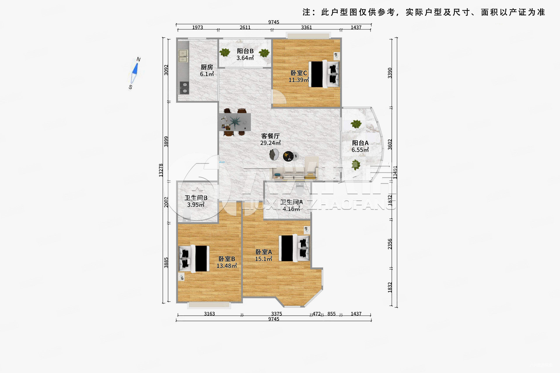 东方名园3室2厅2卫116.97㎡南北950万