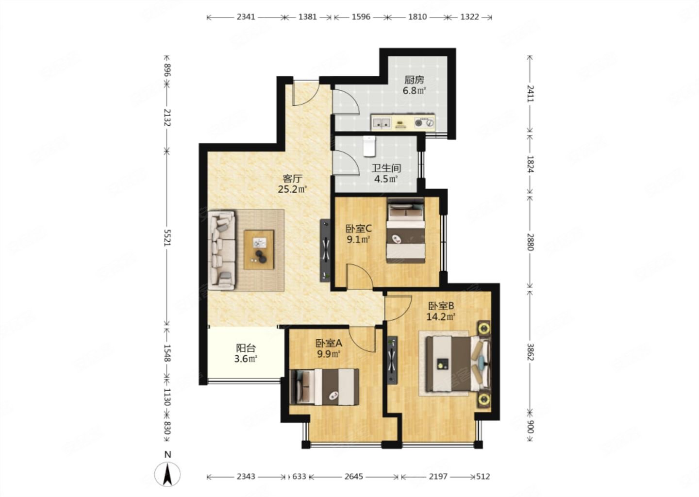 浐灞一号3室2厅1卫91.95㎡南153万