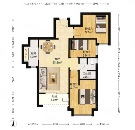 招商花园城(南区)3室2厅1卫88.23㎡南北300万