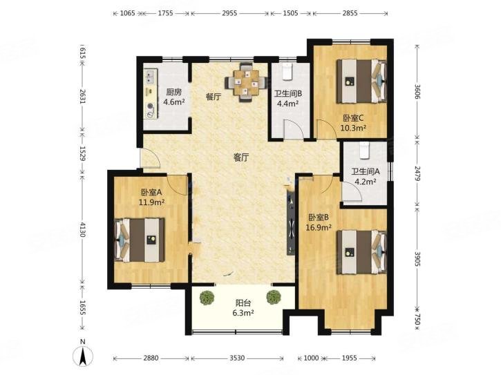 电梯精装三室南北通透超大客厅采光好商圈成熟随时看房