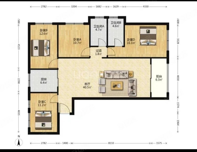 俊发城郁金苑4室2厅2卫143㎡南北180万
