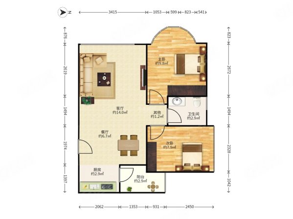 东方都会2室2厅1卫60.67㎡西南290万