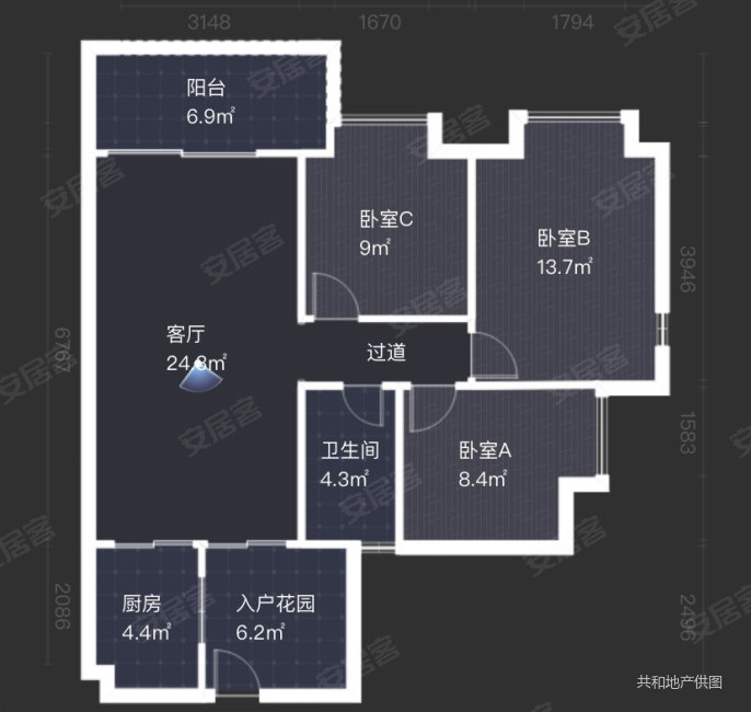 富力金港城(东区)3室2厅1卫93.62㎡南北110万