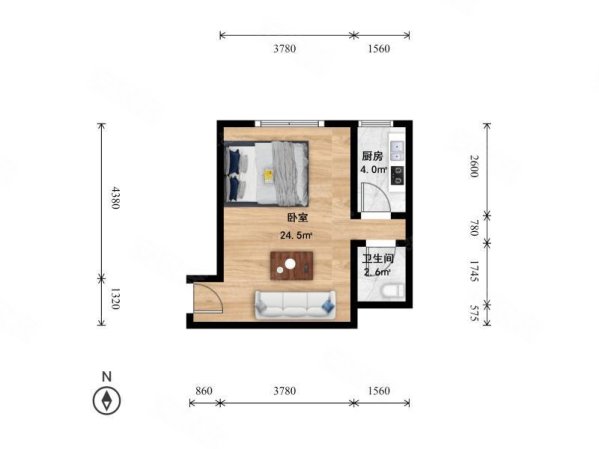 西现代城1室1厅1卫44.62㎡北188万