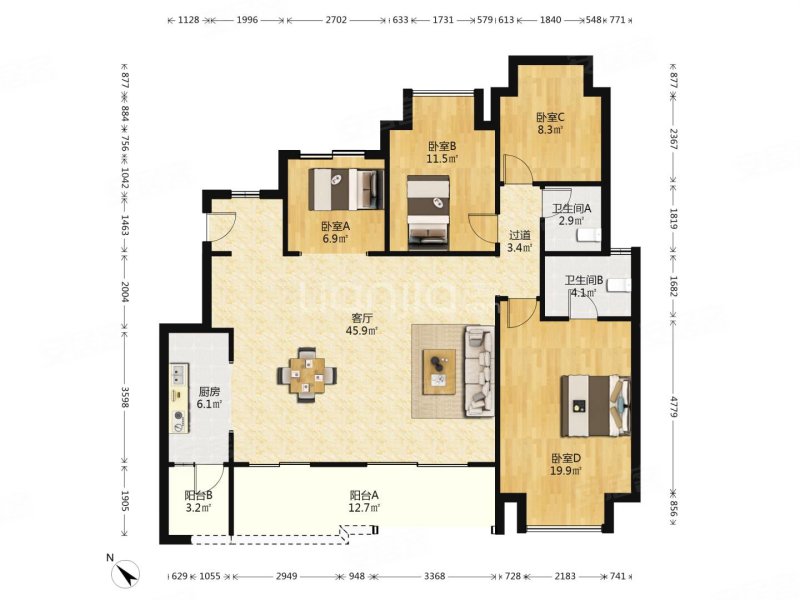 融创江南融府(洋房)4室2厅2卫138.85㎡南北158万