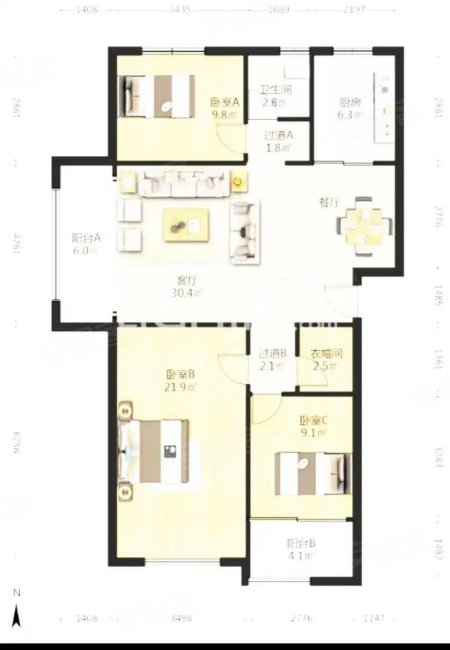 纽约上城3室2厅1卫142.07㎡南北130万