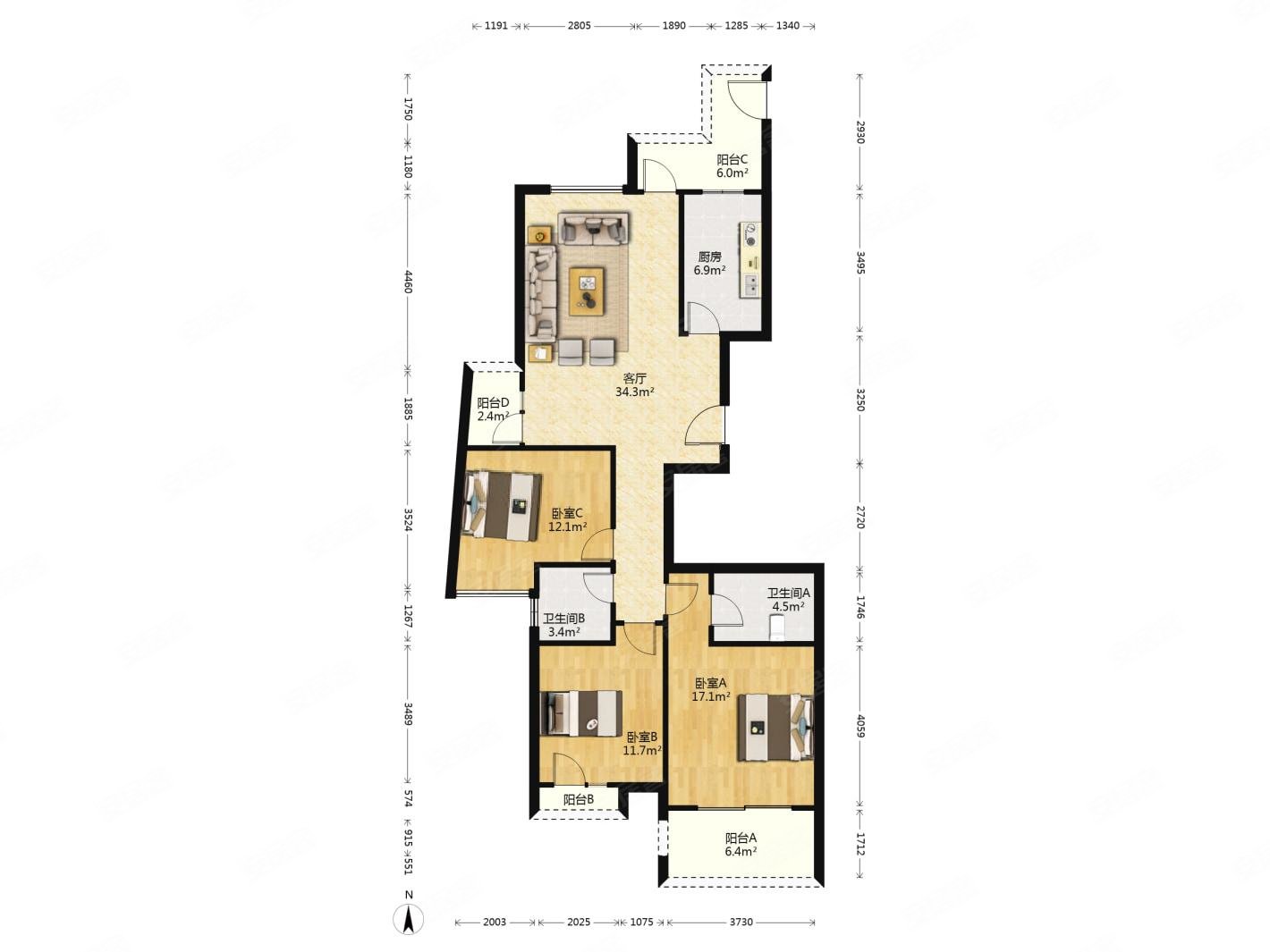 广宇西城年华3室1厅2卫138.81㎡南北900万