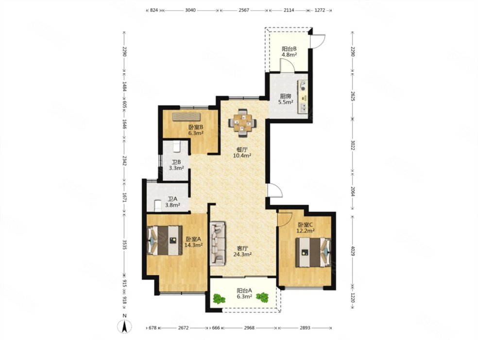 恒宇锦园3室2厅2卫120.03㎡南北215万