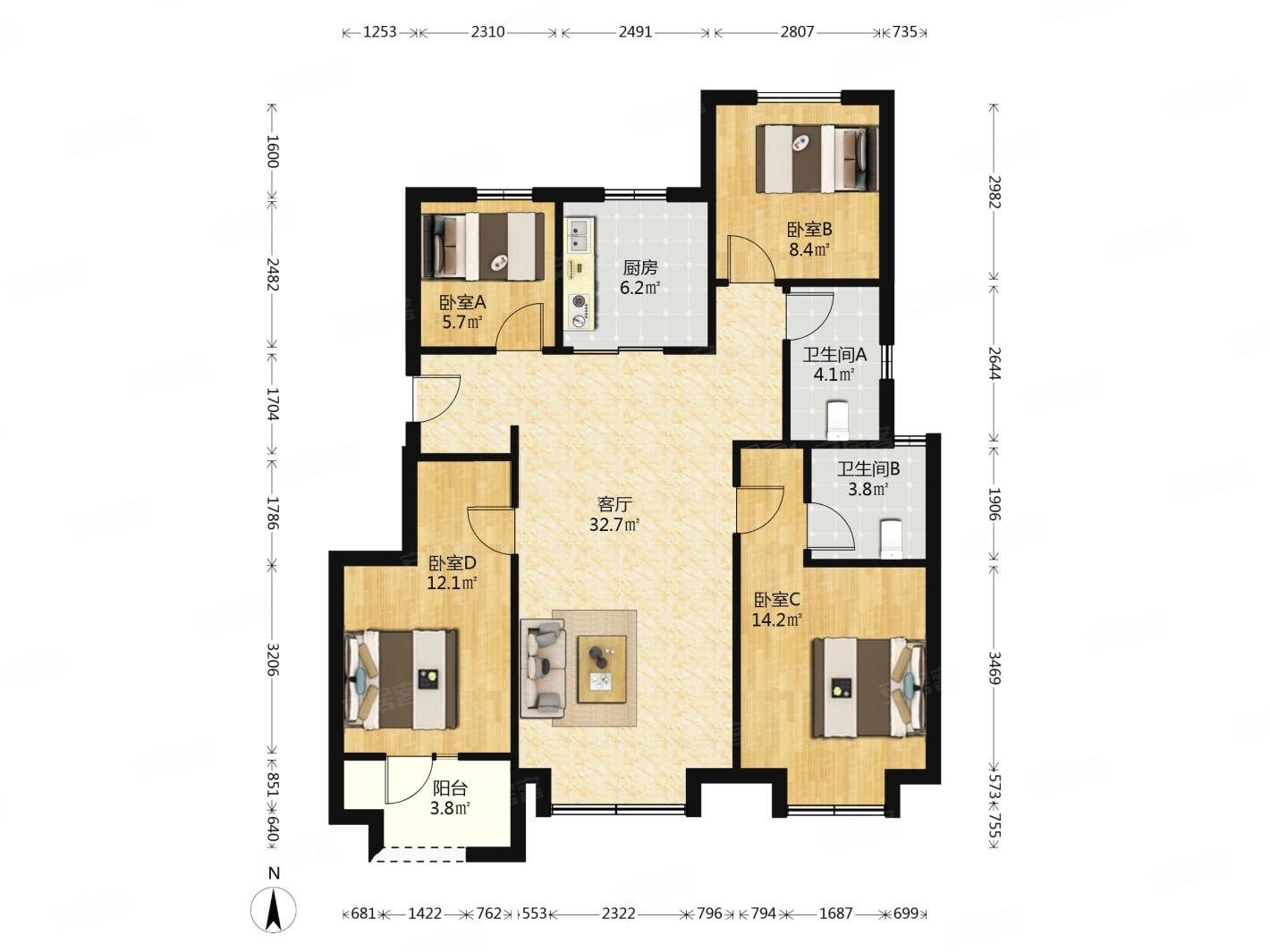 蔚蓝城市花园洋房, 中楼层,4叶草户型,2卫,全新未入住